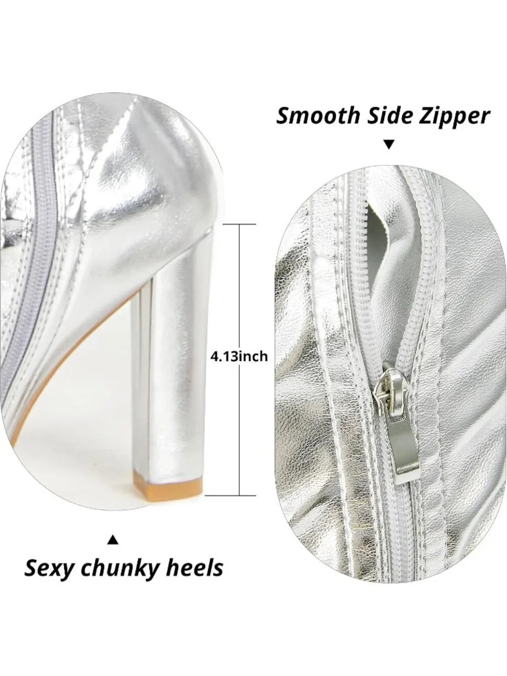 Women Silver Metallic Patent Side Zipper Over-the-Knee Thigh High Heel Gogo Boot